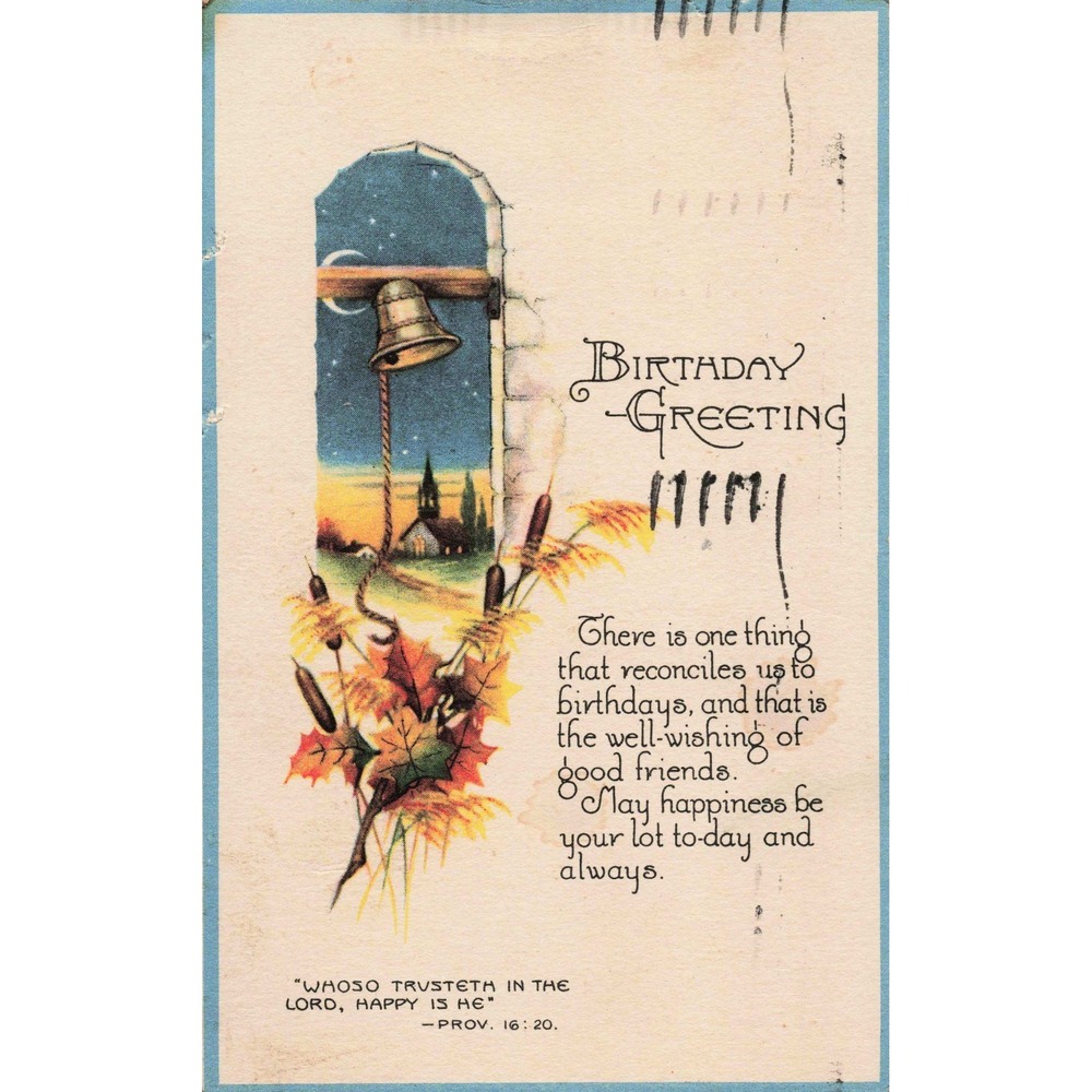 Birthday Postcard Church Bell Autumn Leaves Proverbs 16:20 1937 Massillon OH